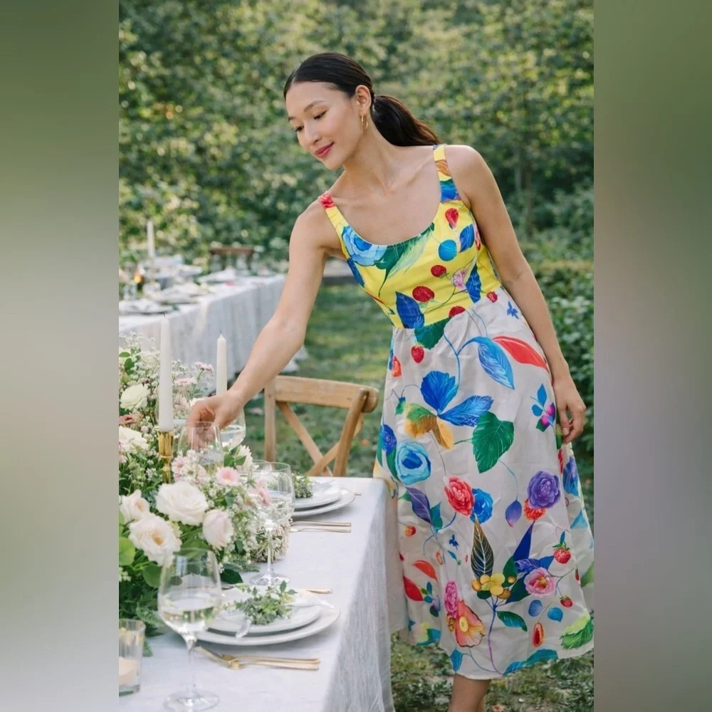 Tuckernuck Vivid Jardin Dominique Dress S Multi Yellow Floral Midi NWT
